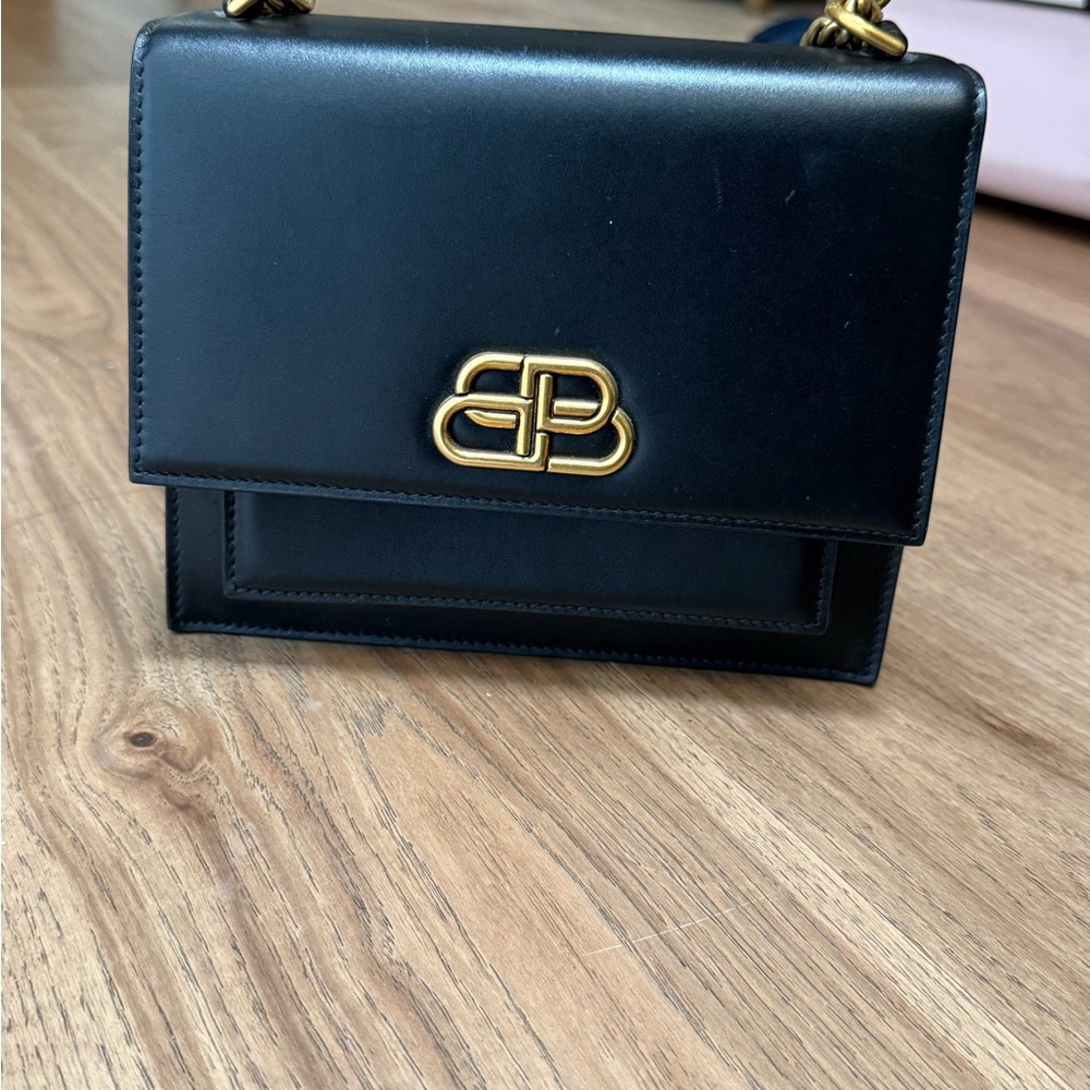 Balenciaga Black Leather Shoulder Bag with Gold Detail